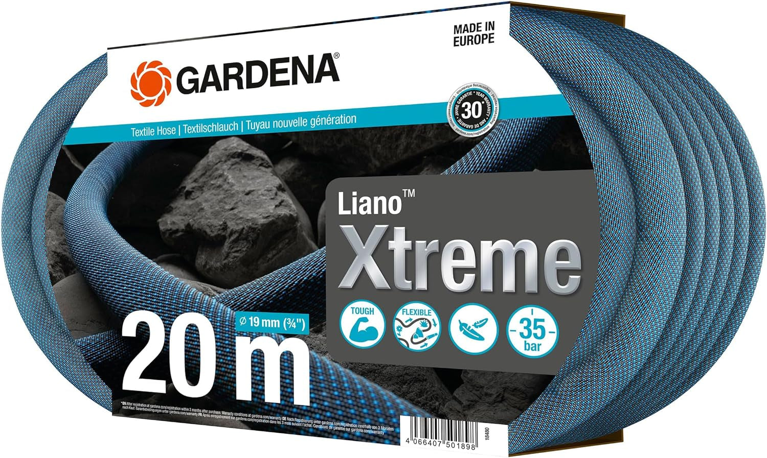 Gardena Liano Xtreme juego de 3/4 pulgadas, 20 m: manguera de jardín textil extremadamente robusta con manguera interior de PVC ligera y resistente a la intemperie (18480-20)