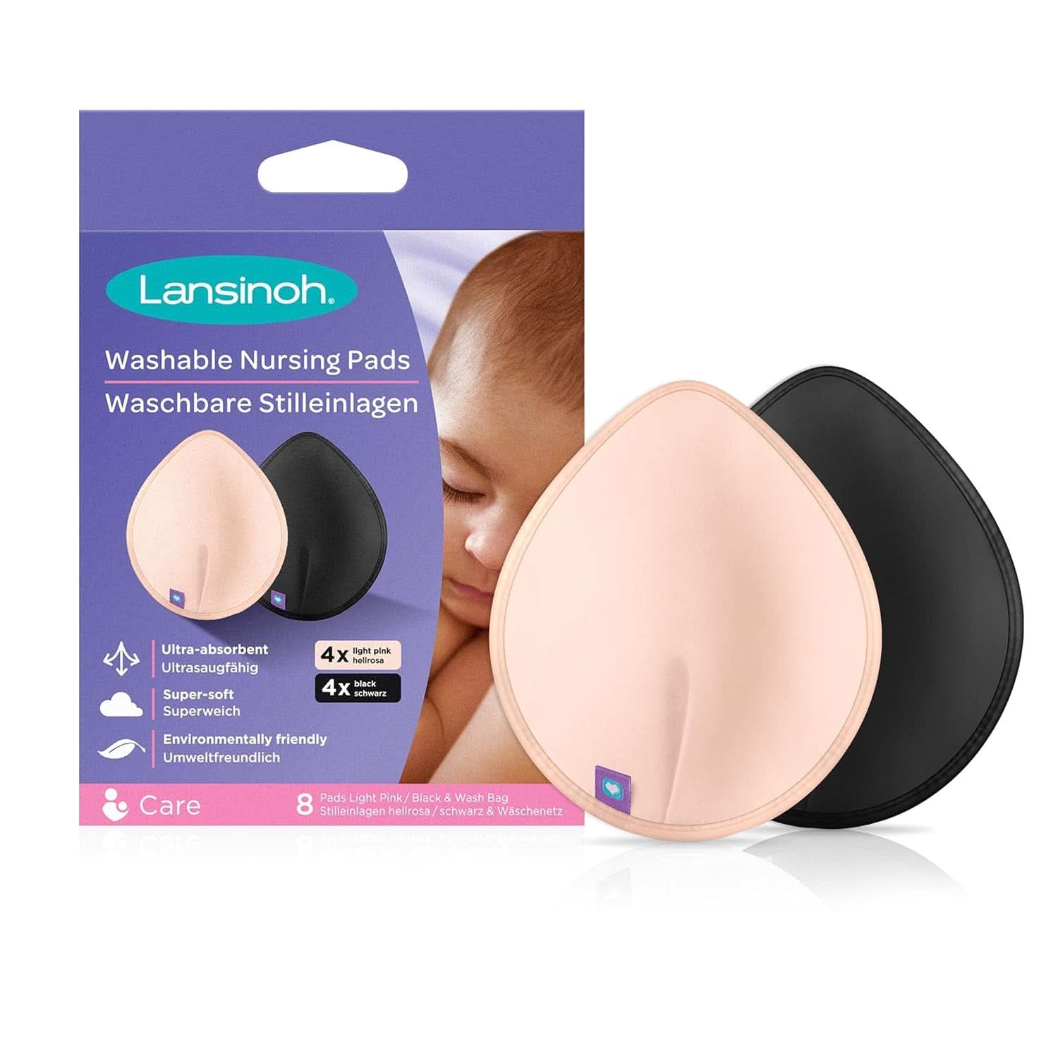 Lansinoh Discos de lactancia lavables rosa claro y negro - 8 piezas, Ultra absorbente y pomada para pezones BIO Accesorios Alimentación y Lactancia Bebe Naty Shop