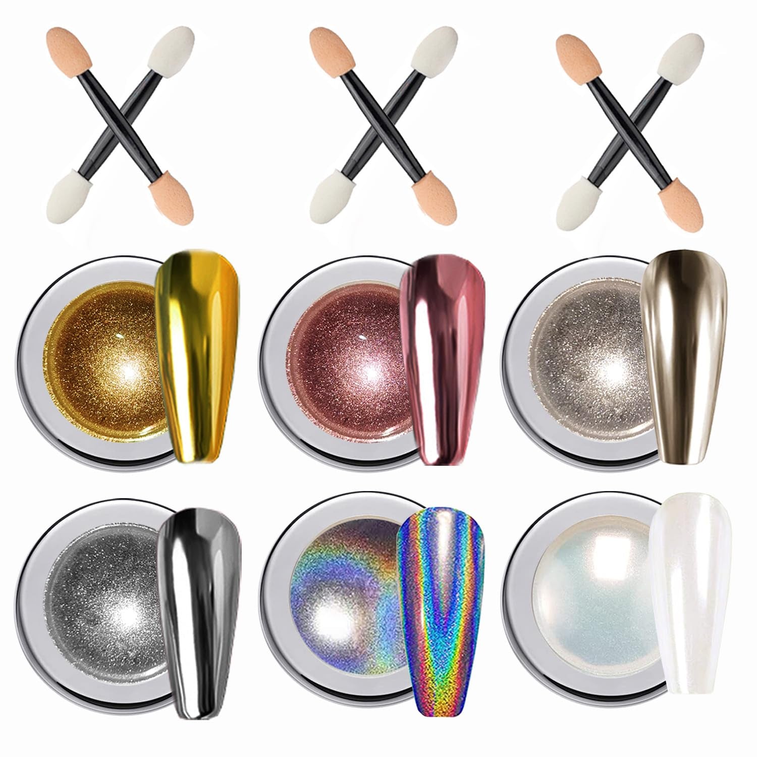 Wahrshei 6 Chrome Nail Powder, Chrome Pulver Nägel Mit Spiegeleffekt, Laser Chrome Puder, Polvo efecto perla para uñas esmaltadas en forma de donut