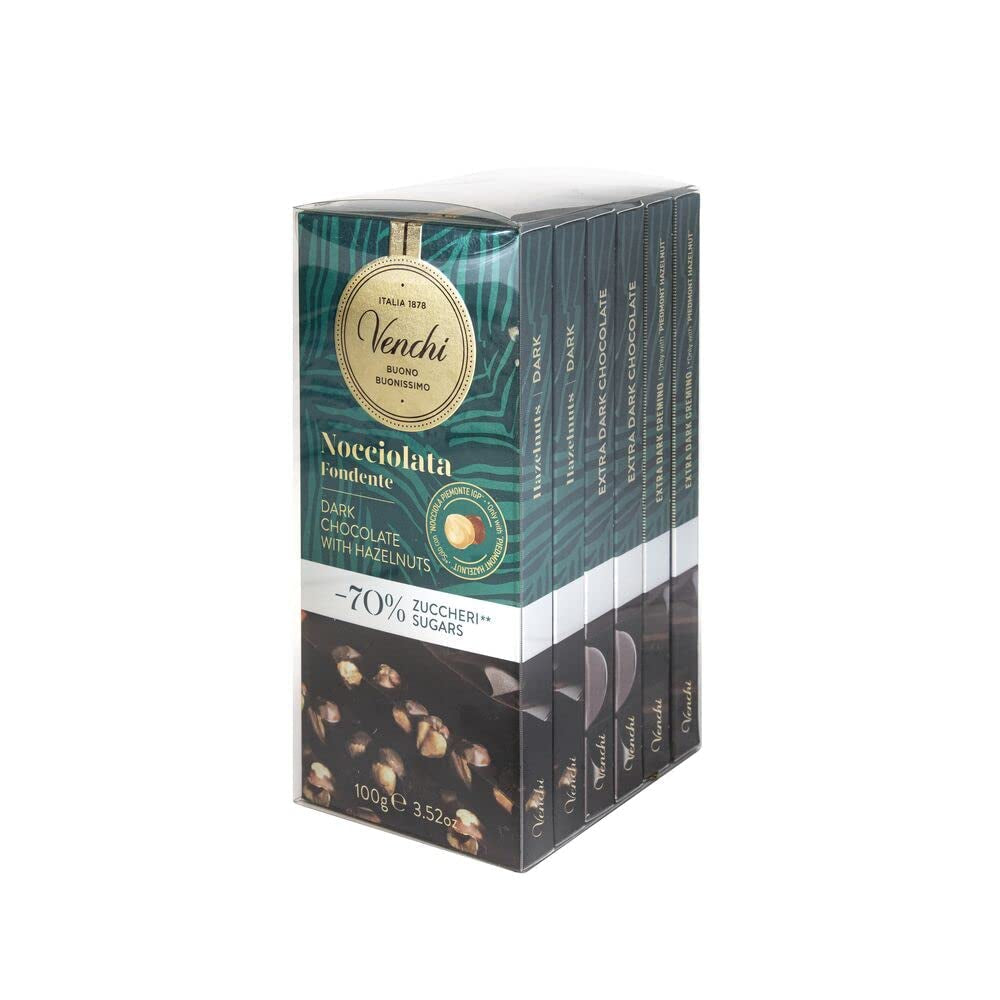Venchi - Pack de 6 tabletas de chocolate negro con avellanas, 600g - Sin azúcares añadidos - Sin edulcorantes artificiales - Sin gluten - Vegano - Idea de regalo