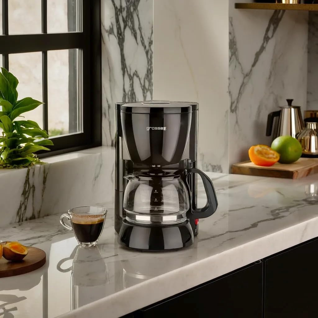 Cafetera de filtro grueso con jarra de cristal KA 12.17 | 0,6 litros para 4 tazas de café | 600 vatios | Negro - Acero inoxidable