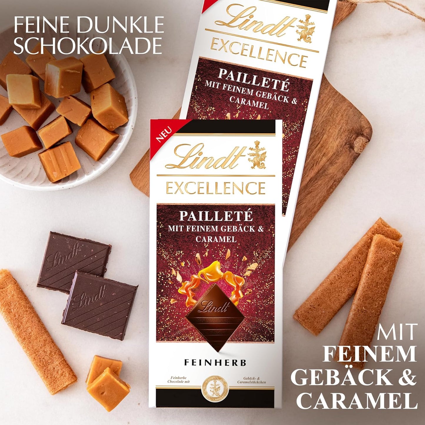 Lindt EXCELLENCE Bucati De Aluat Cu Paiete Si Caramel - Ciocolata Neagra Fina Cu Aroma Intensa De Cacao