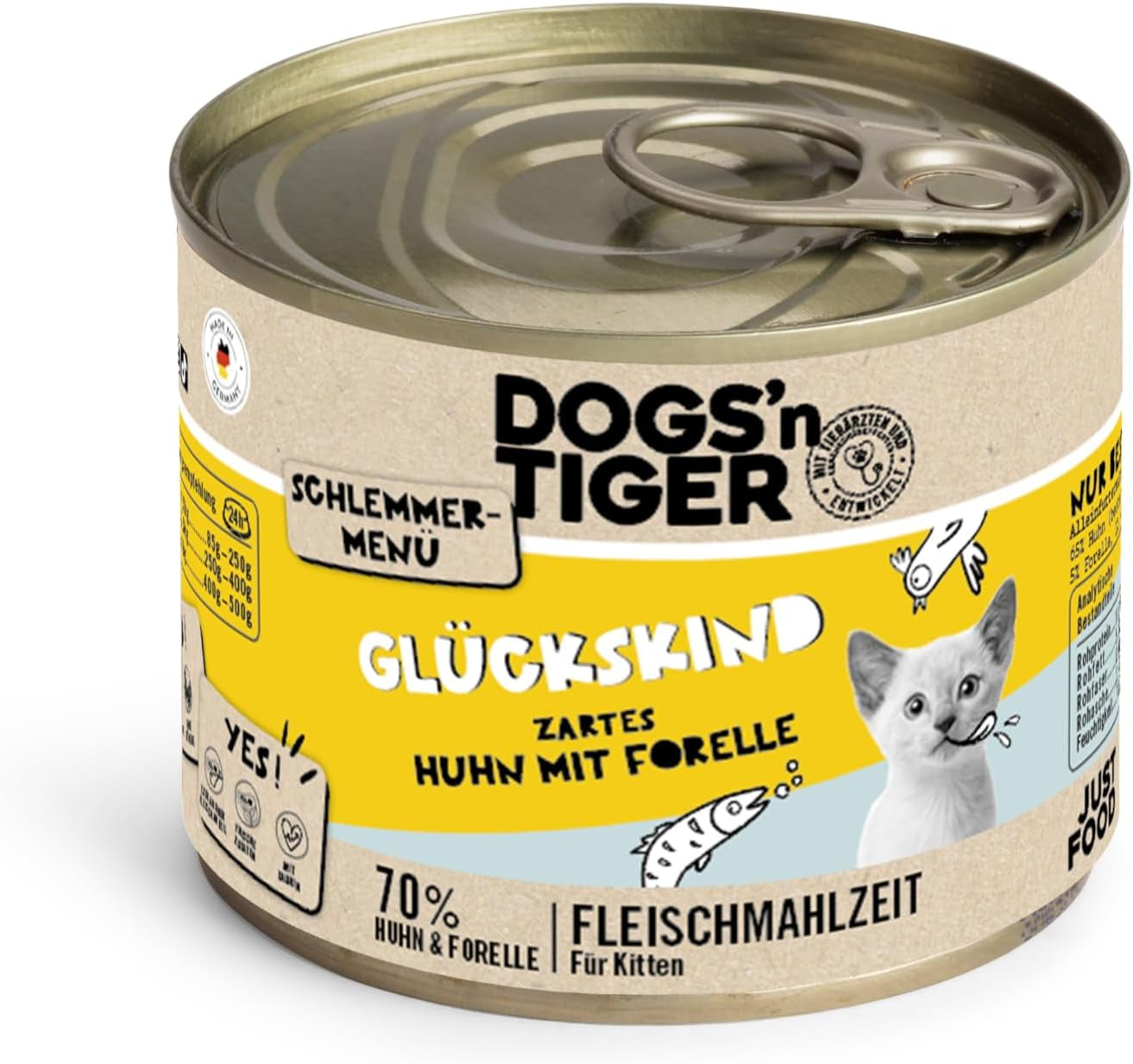 Dogs'n Tiger Schlemmermenü Glückskind, Nassfutter für Kätzchen, saftiges Hun und Forelle - ohne Getreide, Zuckerzusatz, künstliche Konservierungsstoffe, optima Verträglichkeit, 12x 200g