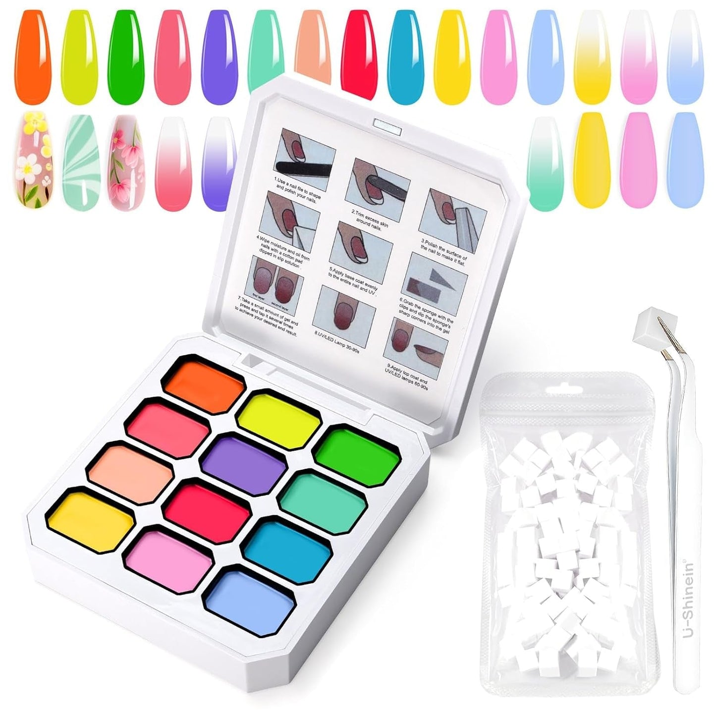 Gel de pintura degradada, 12 colores de esmalte de uñas de gel Ombre con 100 esponjas de uñas y 4 garras de metal para manicura francesa DIY Nail Art, Set I