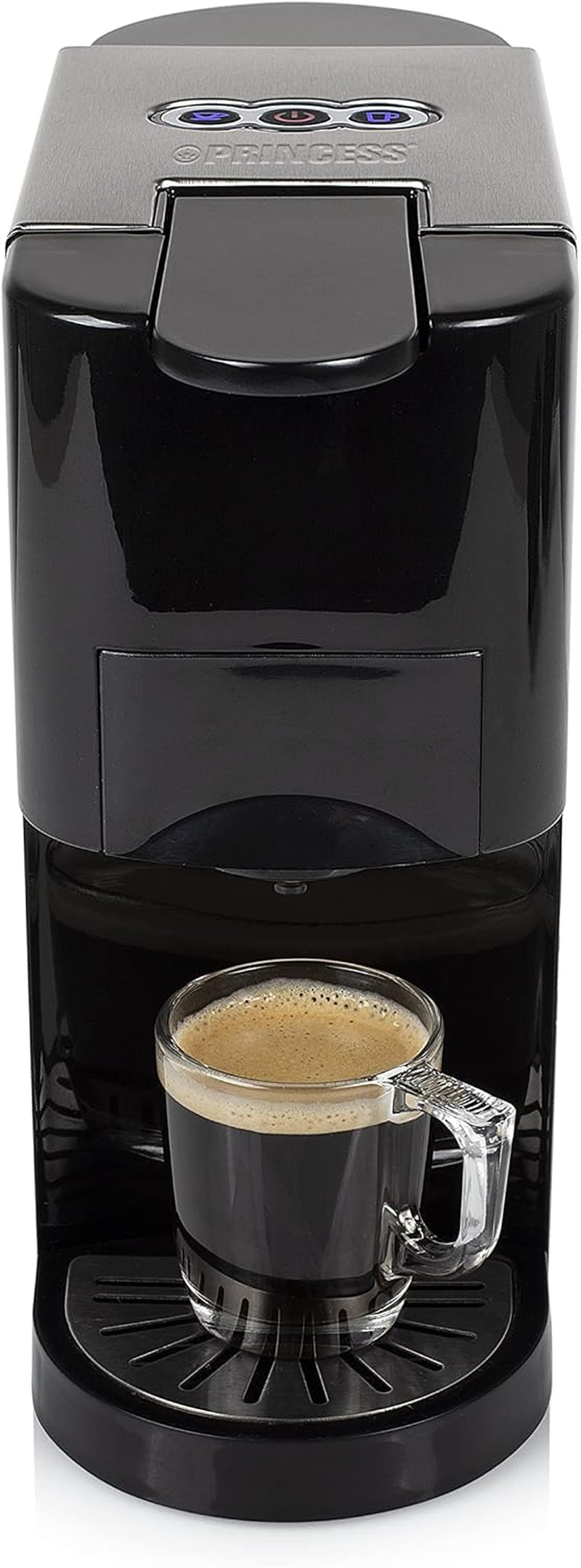 Princess Cafetera Espresso Multicápsulas 5 en 1 - Compatible con Nespresso, Dolce Gusto, Lavazza a Modo Mio y ESE Pads, 0,8L de Capacidad, 1450W, Plata, Negro