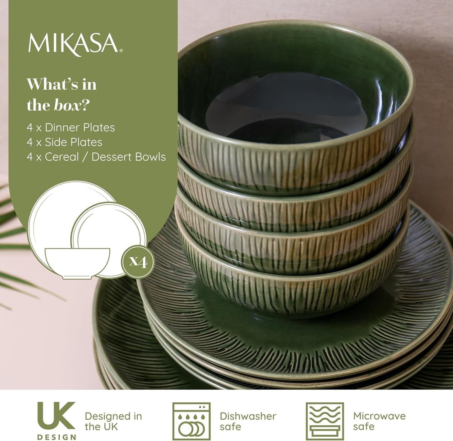 Mikasa Jardin Vajilla de gres de 12 piezas, vajilla para 4 personas con platos, guarniciones y cuencos, verde - Caja de regalo y apta para lavavajillas