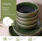 Mikasa Jardin Vajilla de gres de 12 piezas, vajilla para 4 personas con platos, guarniciones y cuencos, verde - Caja de regalo y apta para lavavajillas