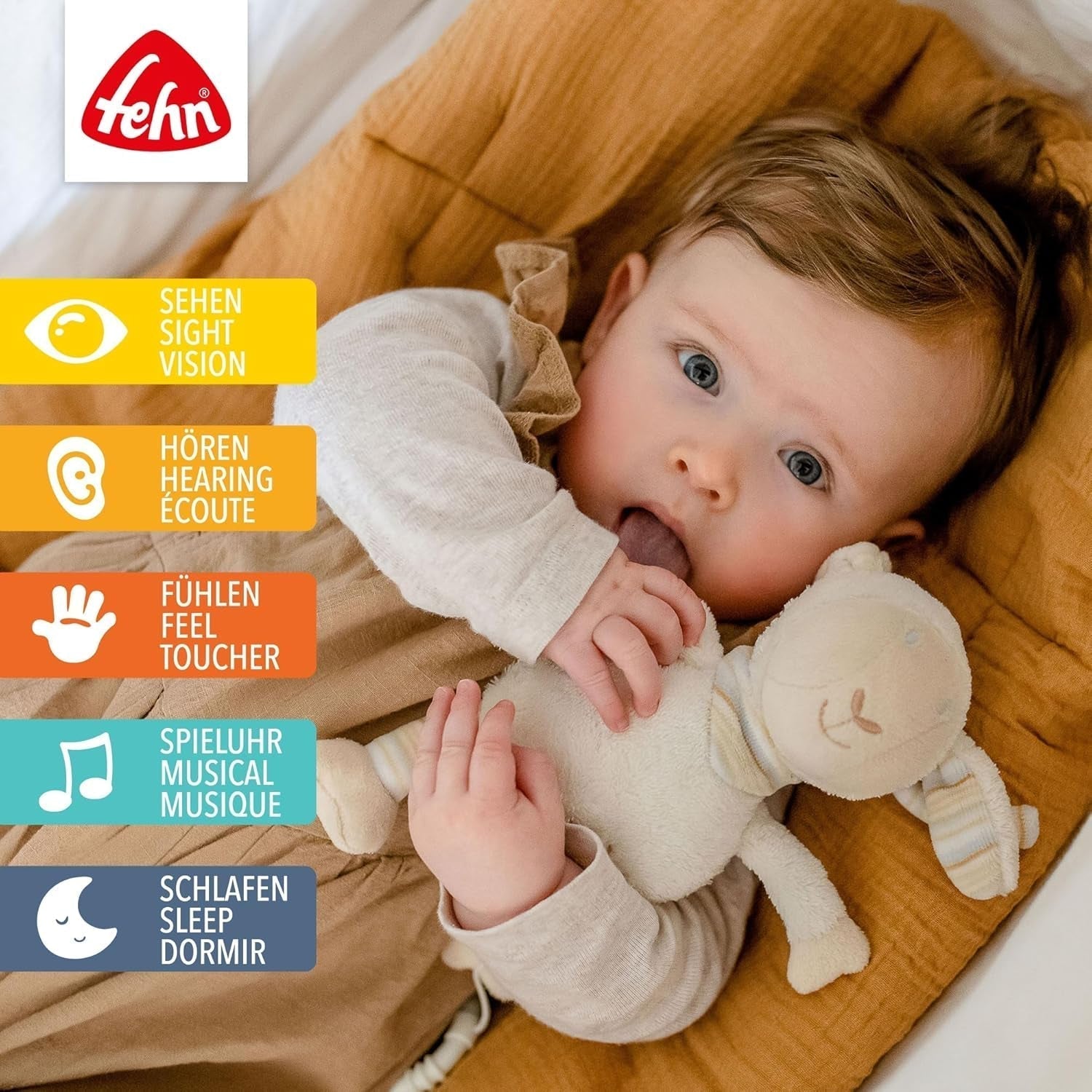 Fehn Caja de música para bebé, oveja para dormir, peluche con accesorio, canción para dormir "Brahms Lullaby", juguete infantil para viajar y en casa, juguetes musicales para bebés y niños Bebe Naty Shop Toys