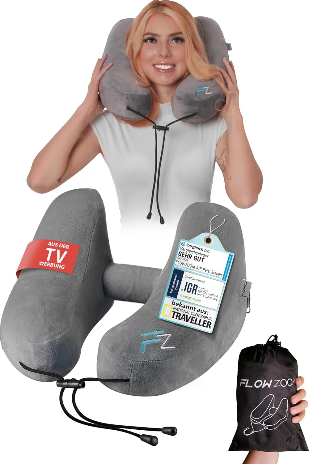 FLOWZOOM AIR Almohada Inflable para el Cuello con Capucha - Almohada para el Cuello de Avión - Almohada de Viaje - Almohada para el Cuello de Viaje de Hinchable Rápido - Almohada para Avión - Almohada de Viaje - Almohada para el Cuello Adulto (Gris) Naty Shop Almohadas Ortopédicas Cervicales 3) Gris - Talla M