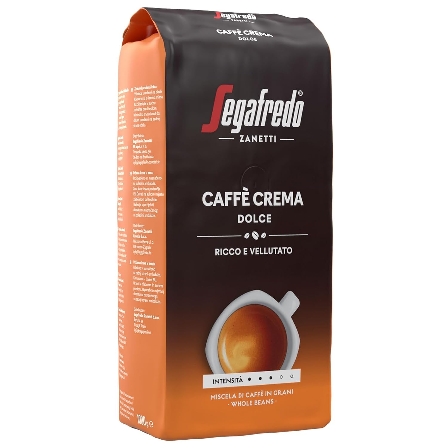 Segafredo Zanetti Caffè Crema Dolce - Granos enteros (paquete de 1 kg) - Apto para Caffè Crema - Café en grano de tostado ligero a medio con un sabor suave y equilibrado (paquete de 2)