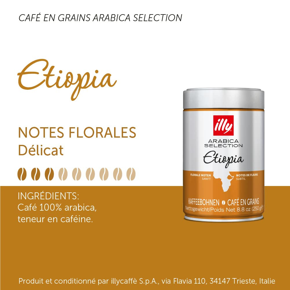 illy Coffee Beans Selección de granos de café Arábica de lujo de Etiopía, paquete de 6 (6 x 250 g)