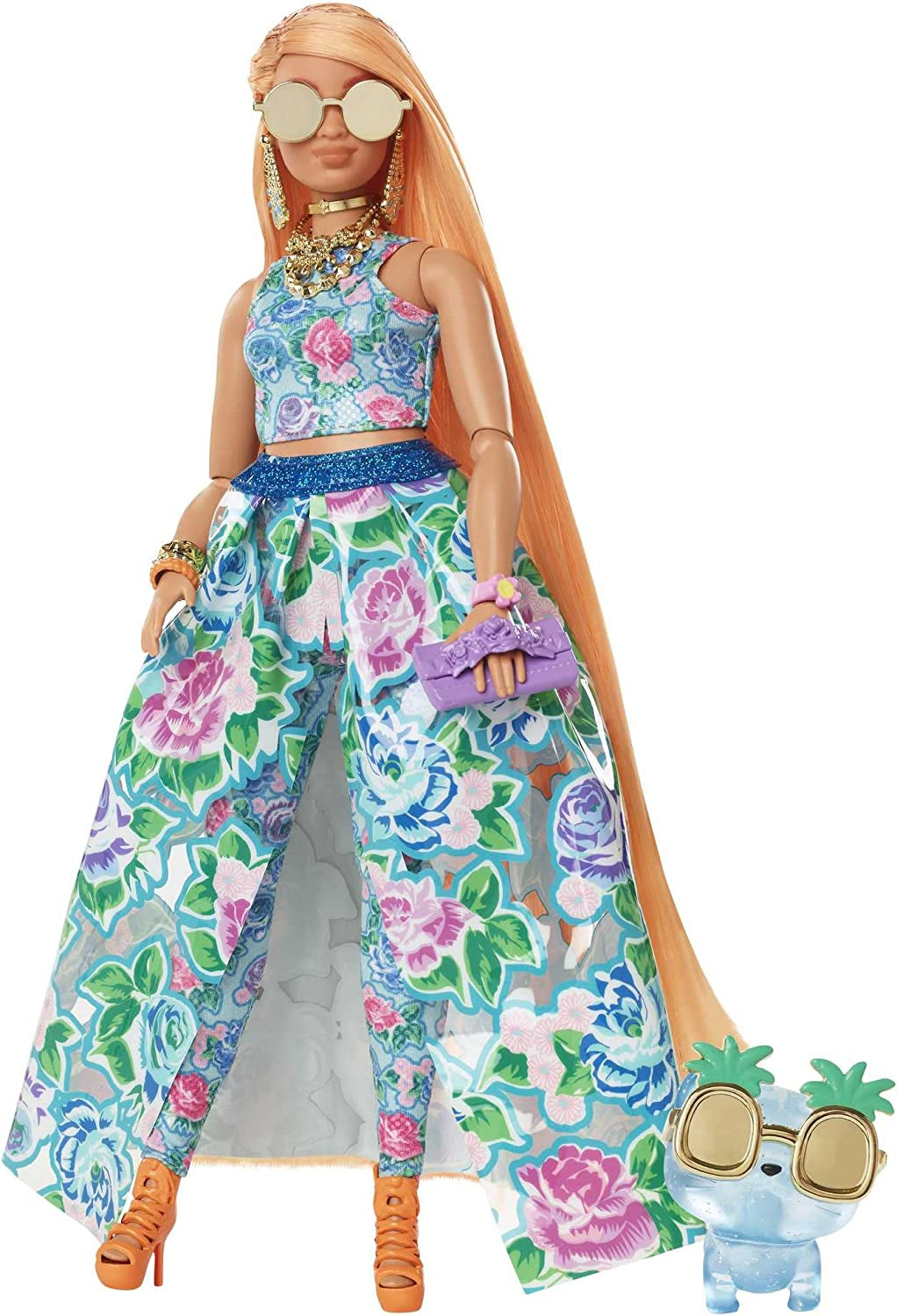 Barbie Extra Fancy, Cabello Largo Y Curvado Rubio Fresa, Traje De Dos Piezas, Gato Azul, Bolso Rosa, Gafas De Sol De Piña, Incluye Muñeca, Adecuada Como Regalo, Hhn14 Naty Shop Dolls Default Title