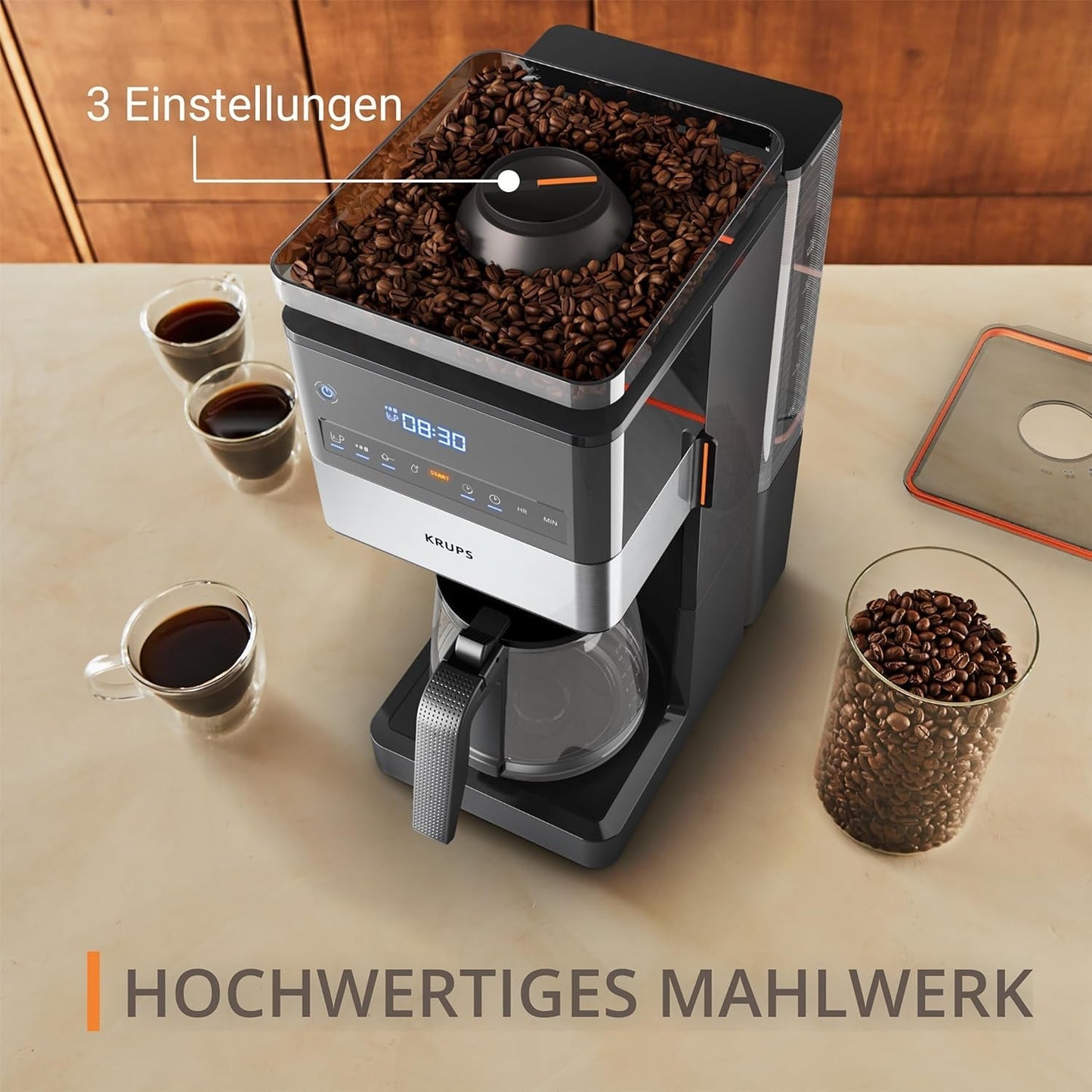 KRUPS Grind Aroma XL Cafetera espresso, Molinillo cónico desmontable, Panel de control digital, Capacidad XL (1,5 L), Función mantener caliente, Jarra de cristal, Negro/Acero inoxidable, KM842810