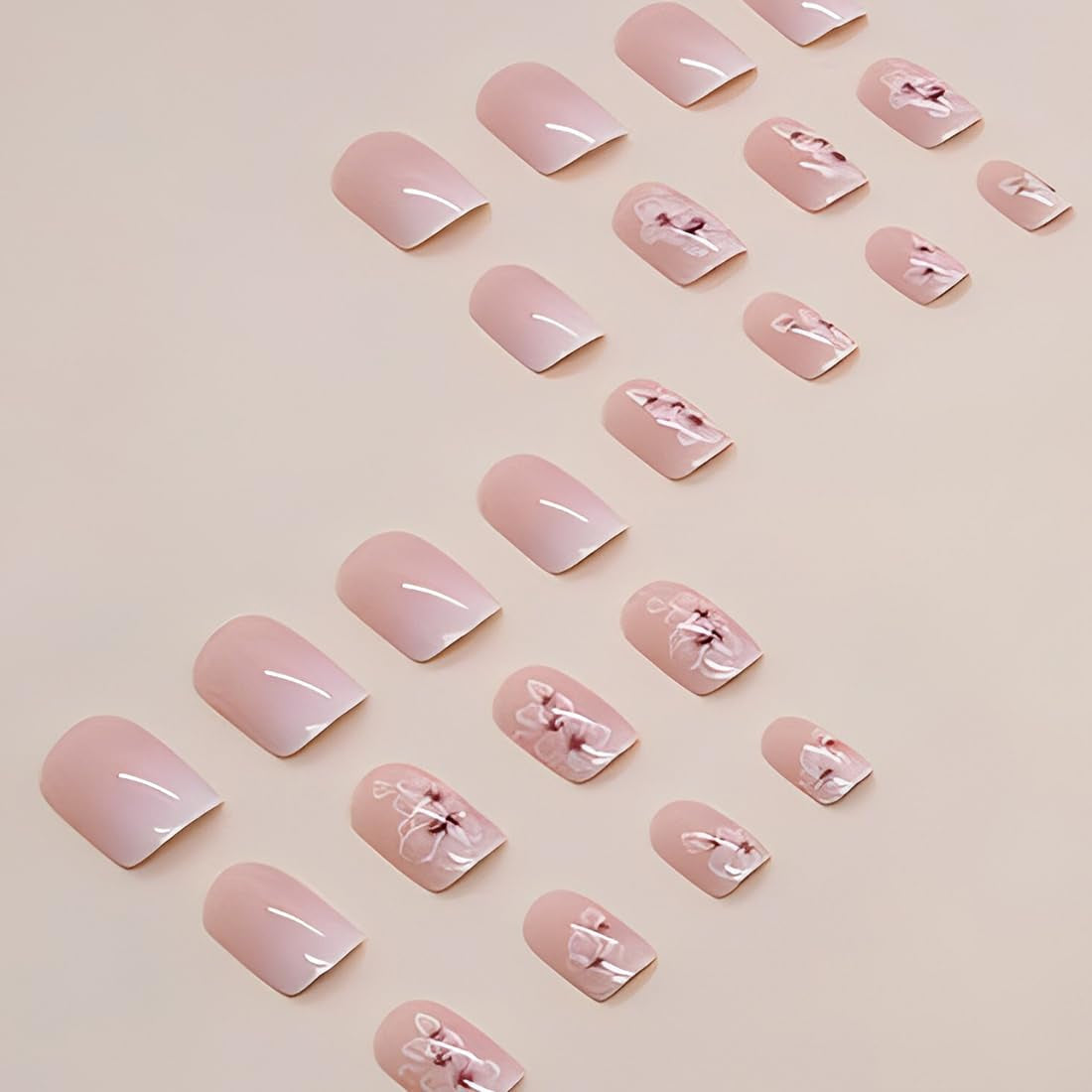 24 piezas de pegamento cuadrado blanco en uñas cortas, patrón floral degradado rosa, uñas artificiales, uñas postizas, uñas cuadradas francesas, uñas artificiales para mujeres