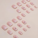 24 piezas de pegamento cuadrado blanco en uñas cortas, patrón floral degradado rosa, uñas artificiales, uñas postizas, uñas cuadradas francesas, uñas artificiales para mujeres