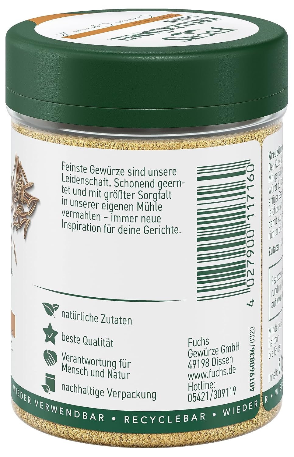 Fuchs Gewürze - Kreuzkümmel gemahlen - zum Würzen von Couscous, Hummus und Falafel - ingredientes naturales - 50 g en wiederverwendbarer, recyclebarer Dosis