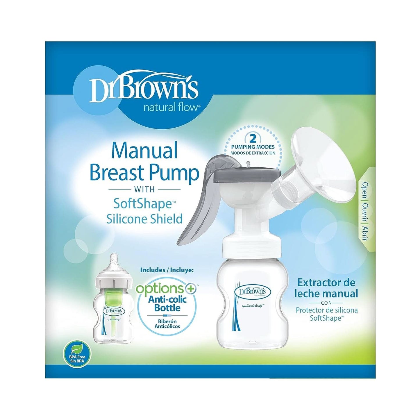 Sacaleches manual con protección Softshape 100% silicona (B, brida 25mm) y opciones anticólicos + Biberón de boca ancha de 150ml con tetina de flujo lento nivel 1 Accesorios Alimentación y Lactancia Bebe Naty Shop