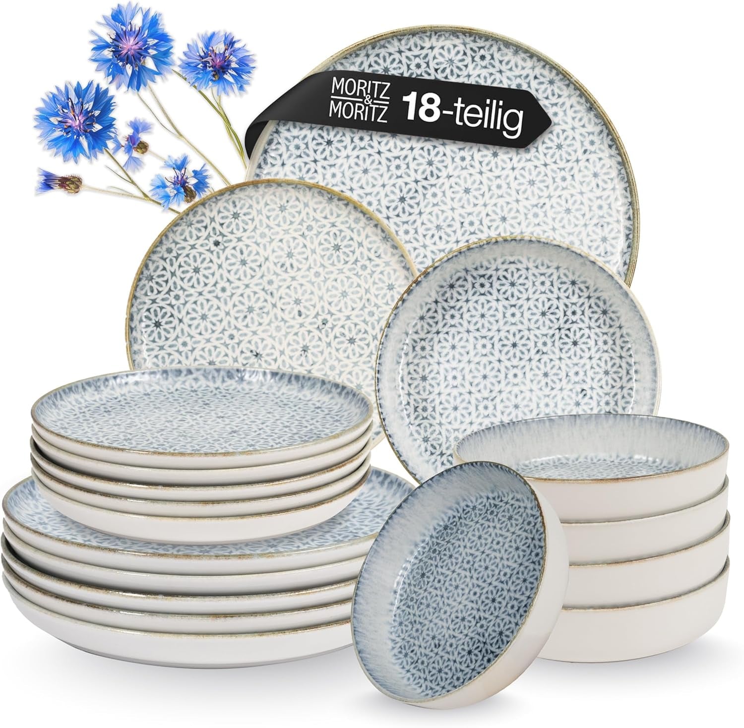 Moritz & Moritz ALHAMBRA Vajilla para 6, 18 piezas, Porcelana de Alta Calidad - Vajilla Moderna Azul - Juego de Fácil Cuidado que Incluye 6 Platos Llanos, 6 Platos de Postre y 6 Cuencos