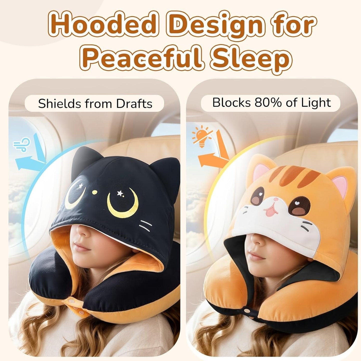 Mewaii Almohada de viaje, almohada de doble cara para adultos, almohada de cuello de espuma viscoelástica para avión, almohada de vuelo reversible con capucha para gato, correa ajustable