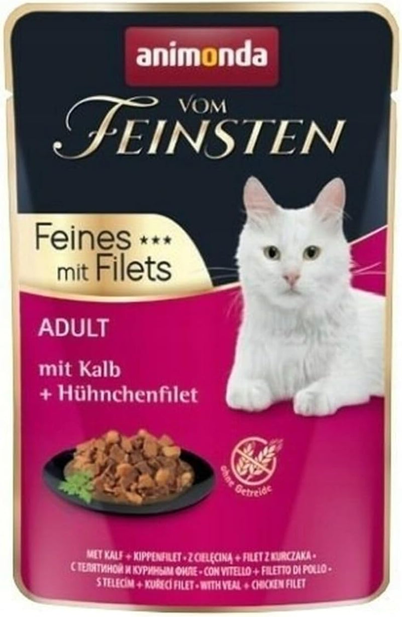 animonda vom Feinsten mit Fillets, Katzenfutter nass mit Kalb + Hühnchenfilet, 18 Portionsbeutel (18 x 85g), getreidefreies Katzen Nassfutter ohne Zucker, mit fleischigen Ingredient