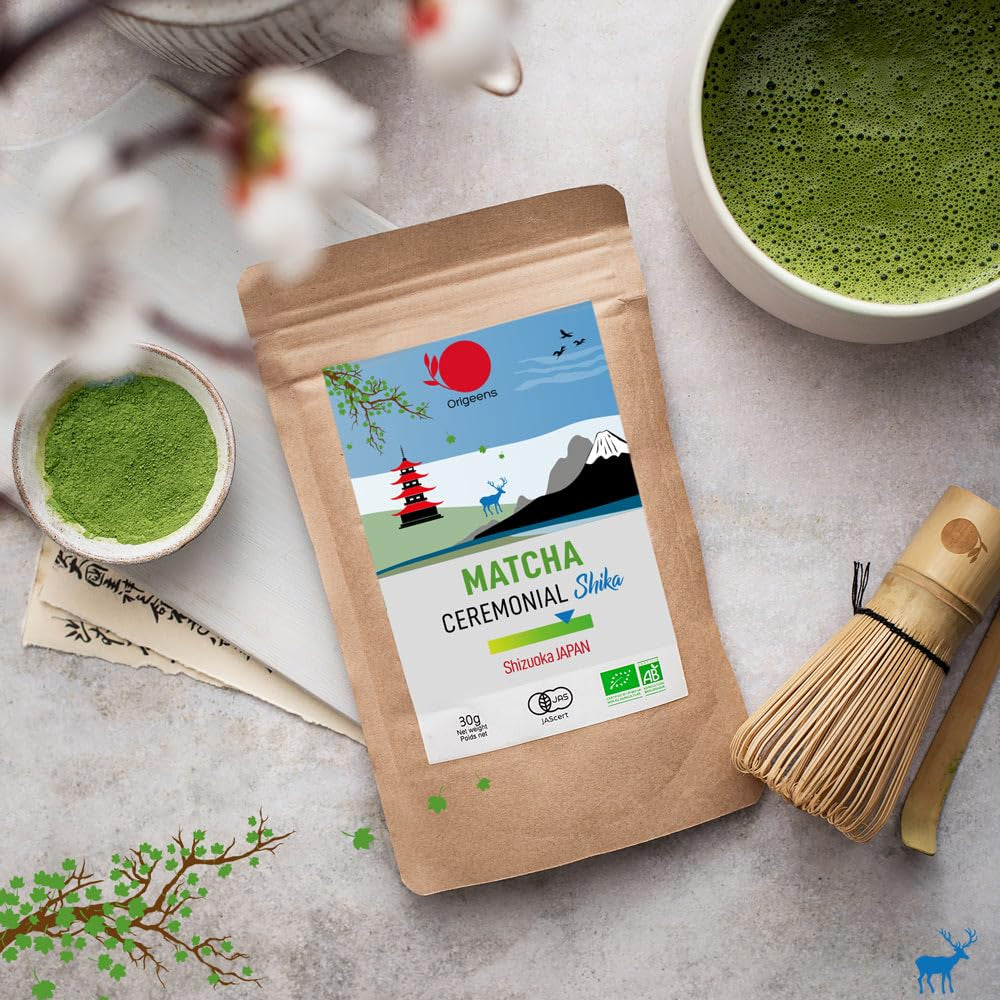 ORIGEENS BIO MATCHA CEREMONIAL GRADO "SHIKA" - Té Japonés Orgánico de Shizuoka - Matcha Latte/Usucha - Bolsa de Recarga de 30g - Té Verde Matcha Orgánico de Grado Ceremonial en Polvo