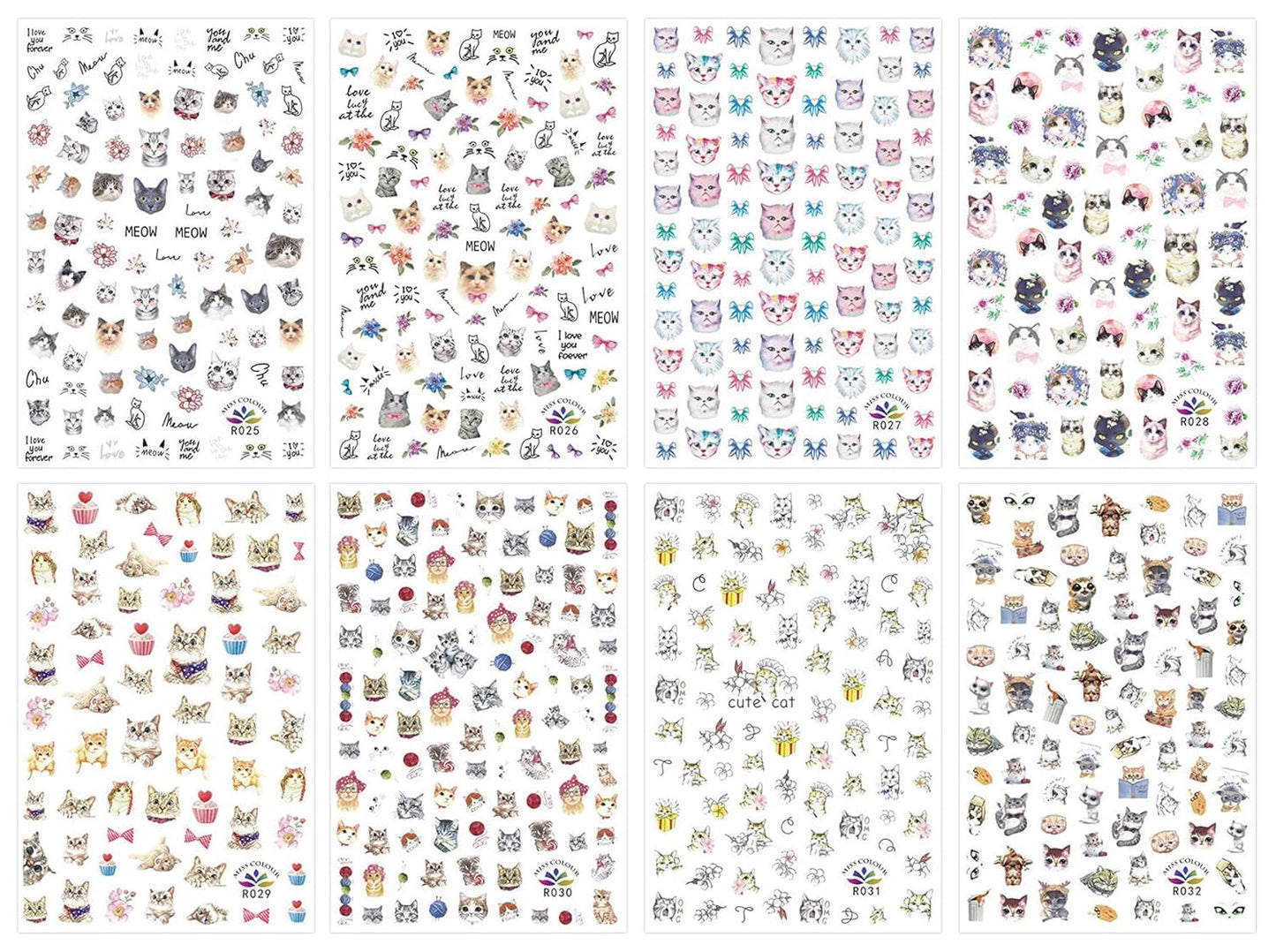 JMEOWIO Nagelsticker Tierische 8 Blatt Nail Art Sticker Selbstklebend Nagelaufkleber Katze Niedlich Dekoration Nageldesign Zubehör
