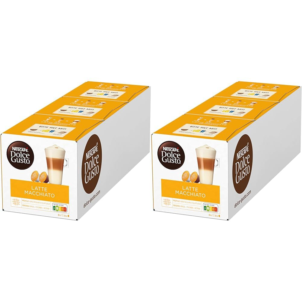NESCAFÉ Dolce Gusto Latte Macchiato, 48 Kaffeekapseln, Aromatischer Espresso, 3-Schichten - Köstlichkeit aus feinem Milchschaum, Aromaversiegelte Kapseln, paquete de 6 (3x16 Kapseln)