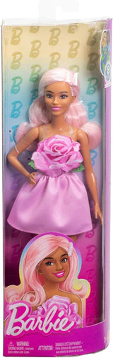 Muñeca Barbie Fashionistas núm. 238 con cabello rosa pastel, vestido palabra de honor con corpiño rosa, pasador de perlas y tacones altos y pasadores, HYT94