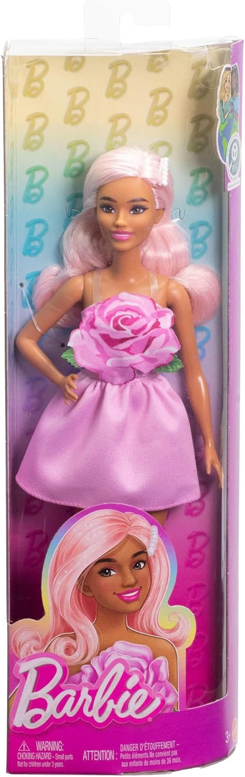 Muñeca Barbie Fashionistas núm. 238 con cabello rosa pastel, vestido palabra de honor con corpiño rosa, pasador de perlas y tacones altos y pasadores, HYT94