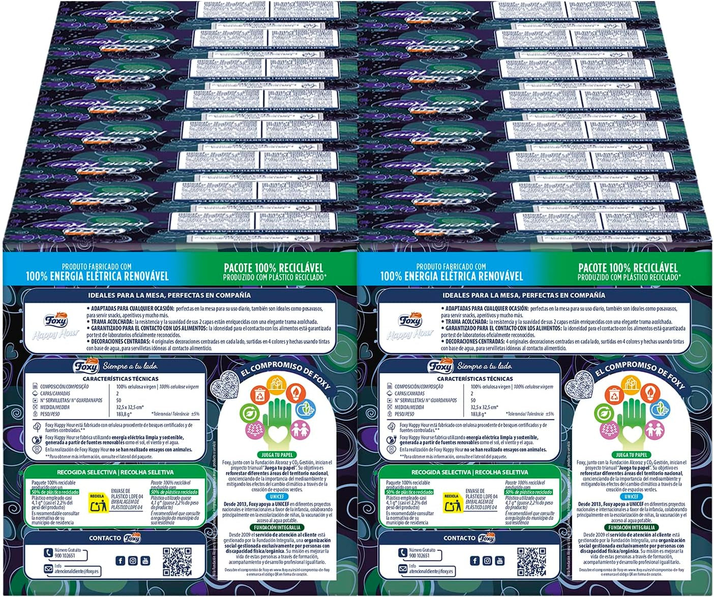 Hora feliz | Toallitas de doble capa | 16 paquetes À 50 piezas À 33 X 33 Cm | Certificado FSC | Electricidad 100% renovable | Envases reciclables fabricados con plástico reciclado.