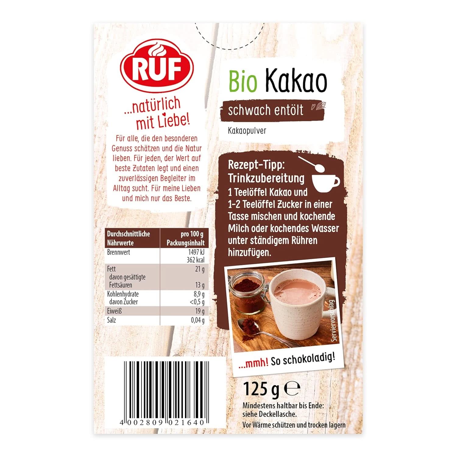 Cacao en polvo RUF calidad ecológica, 125 gramos Cacao y Chocolate Caliente Naty Shop