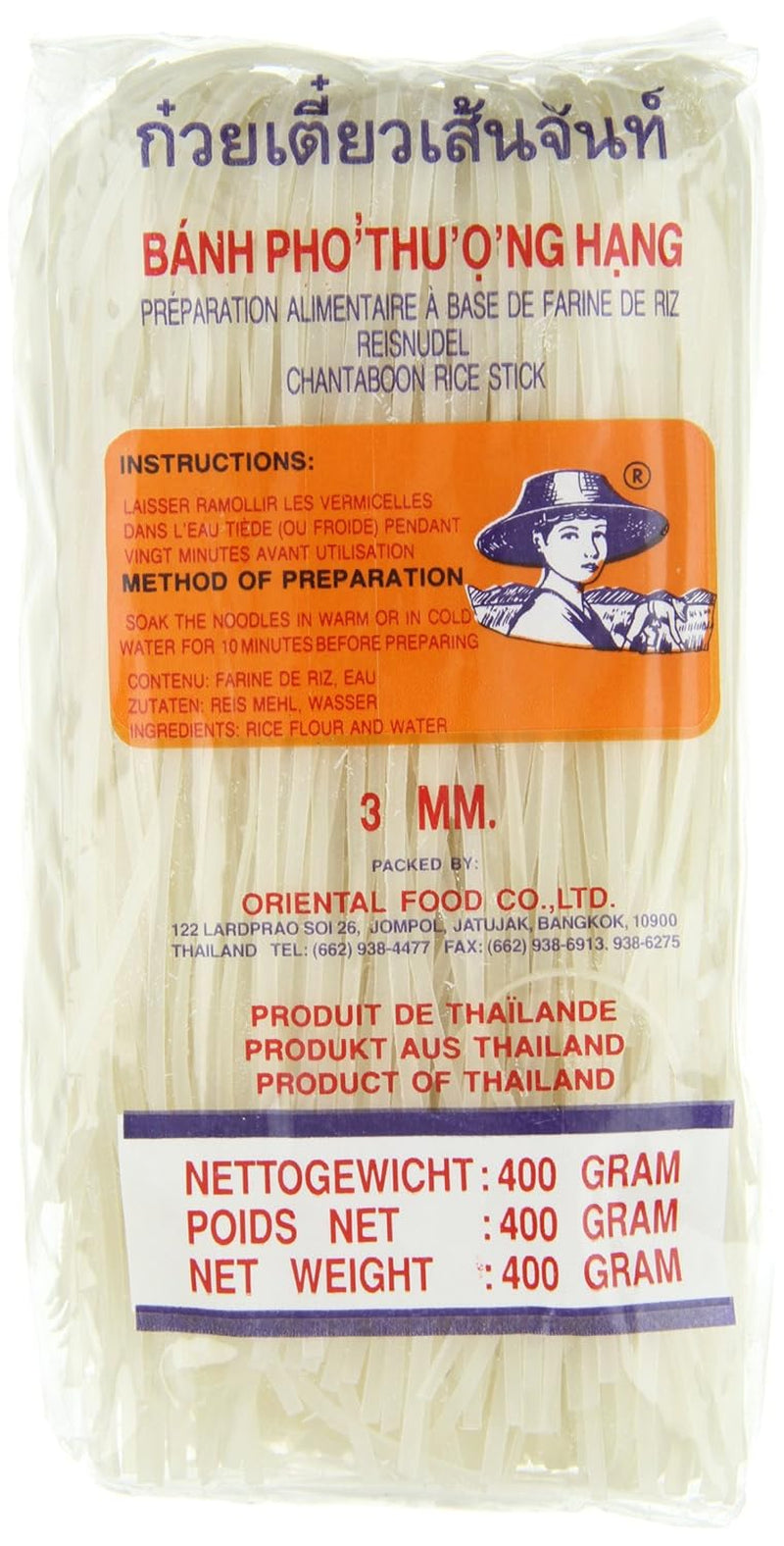 Fideos de arroz - tailandeses, fideos de cinta de arroz de 3 mm de ancho, hechos con harina de arroz - 17 x 400 g