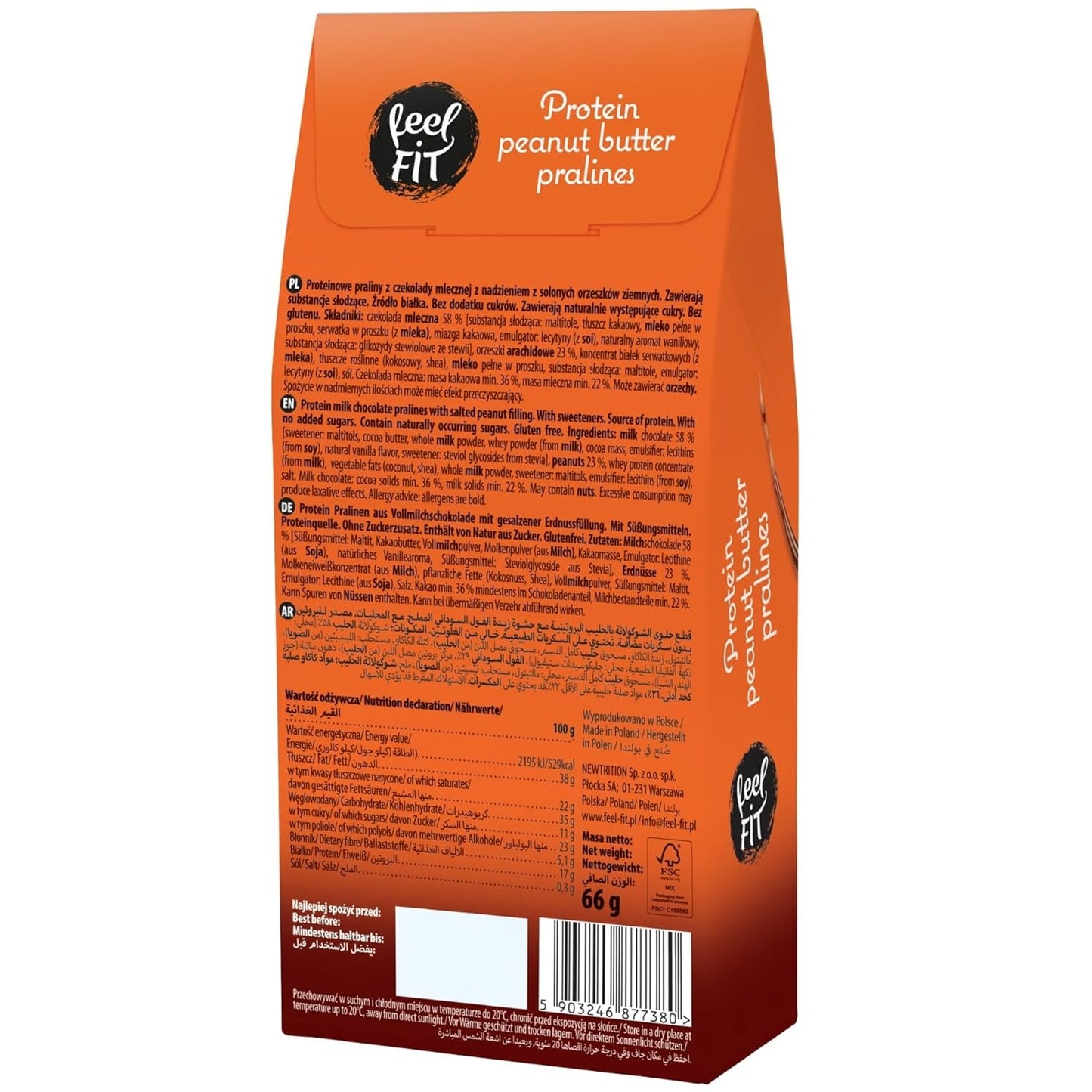 Pralinés proteicos de mantequilla de maní Feel FIT en chocolate con leche de alta calidad, sin azúcar añadido, 17% de proteína, sin gluten 66 g (paquete de 1)