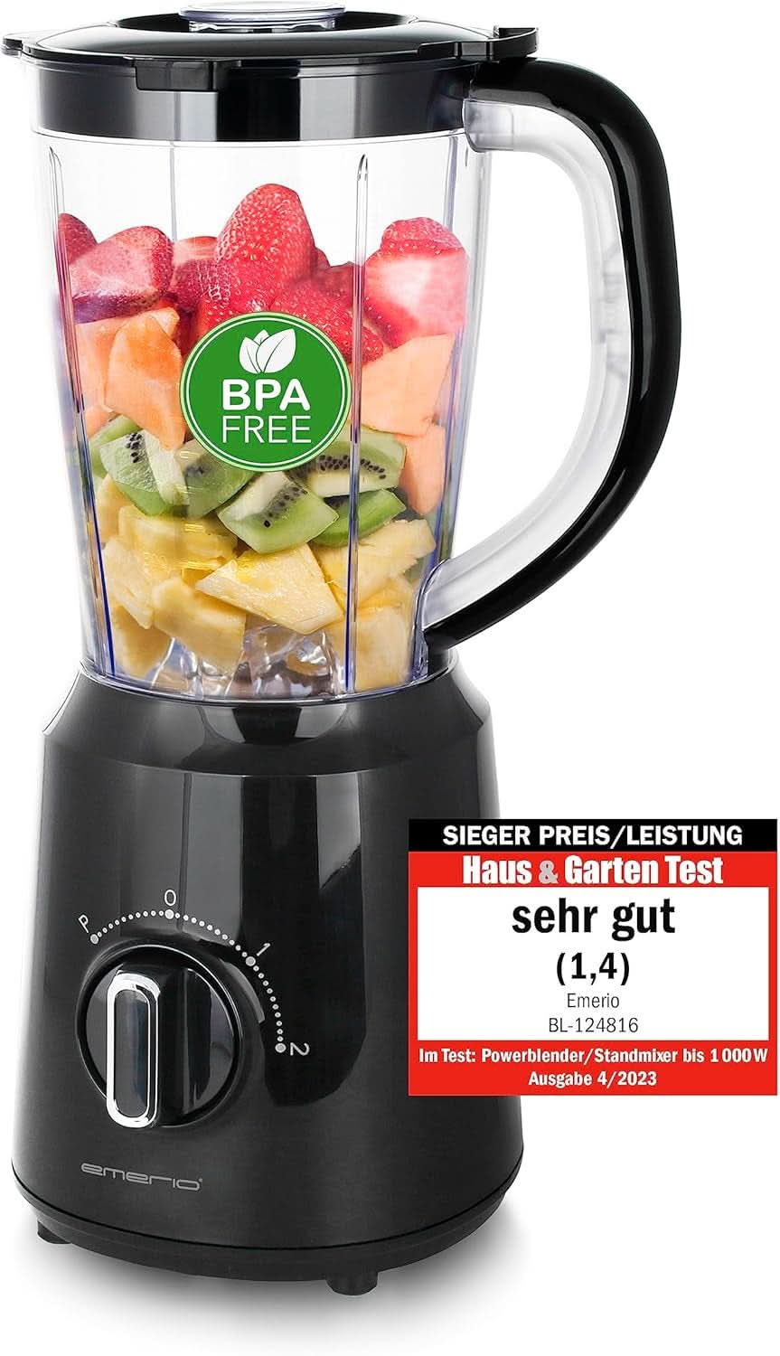 Emerio Batidora con base BPA Frei Crush Ice Función 1,5 L Behälter 2 Geschwindigkeiten + Pulse Funktion Messereinheit Aus Edelstahl Sicherheitsschalter Geschirrspülgeeignet 500 Watt BL-12816.8 Schwarz Bucatarie Naty Shop Schwarz