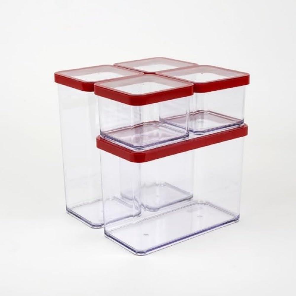 Rotho Loft Juego de 5 Botes de Conservación con Tapa, Diferentes Tamaños, Plástico Alimentario (PP) Sin BPA, Transparente/Rojo, (21,4 x 21,4 x 23,5 cm)