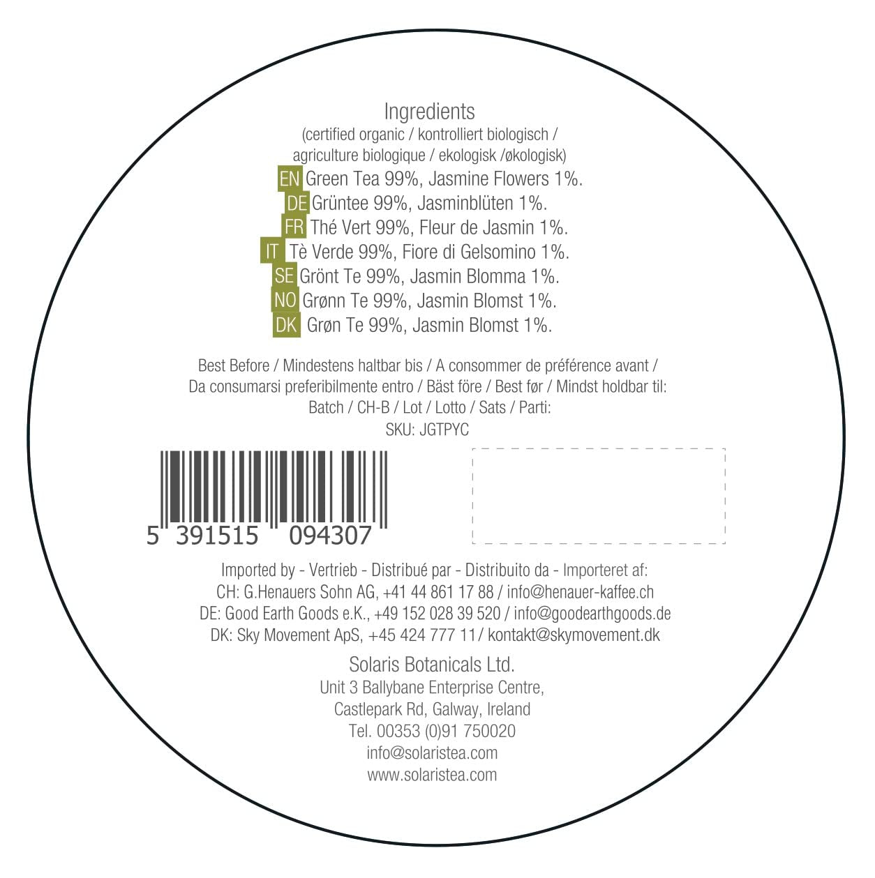 Té verde de jazmín orgánico, 15 bolsitas de té de seda, 1 paquete (1 x 30 g)