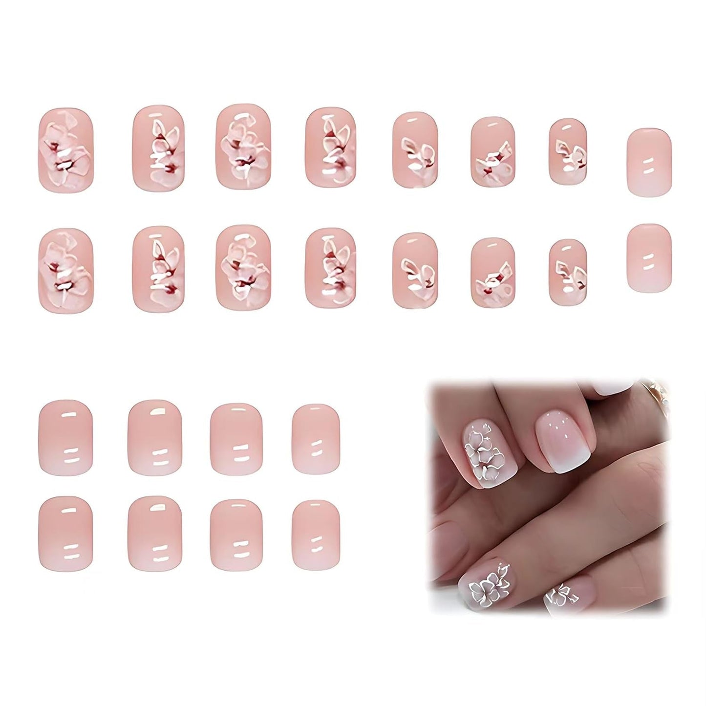 24 piezas de pegamento cuadrado blanco en uñas cortas, patrón floral degradado rosa, uñas artificiales, uñas postizas, uñas cuadradas francesas, uñas artificiales para mujeres