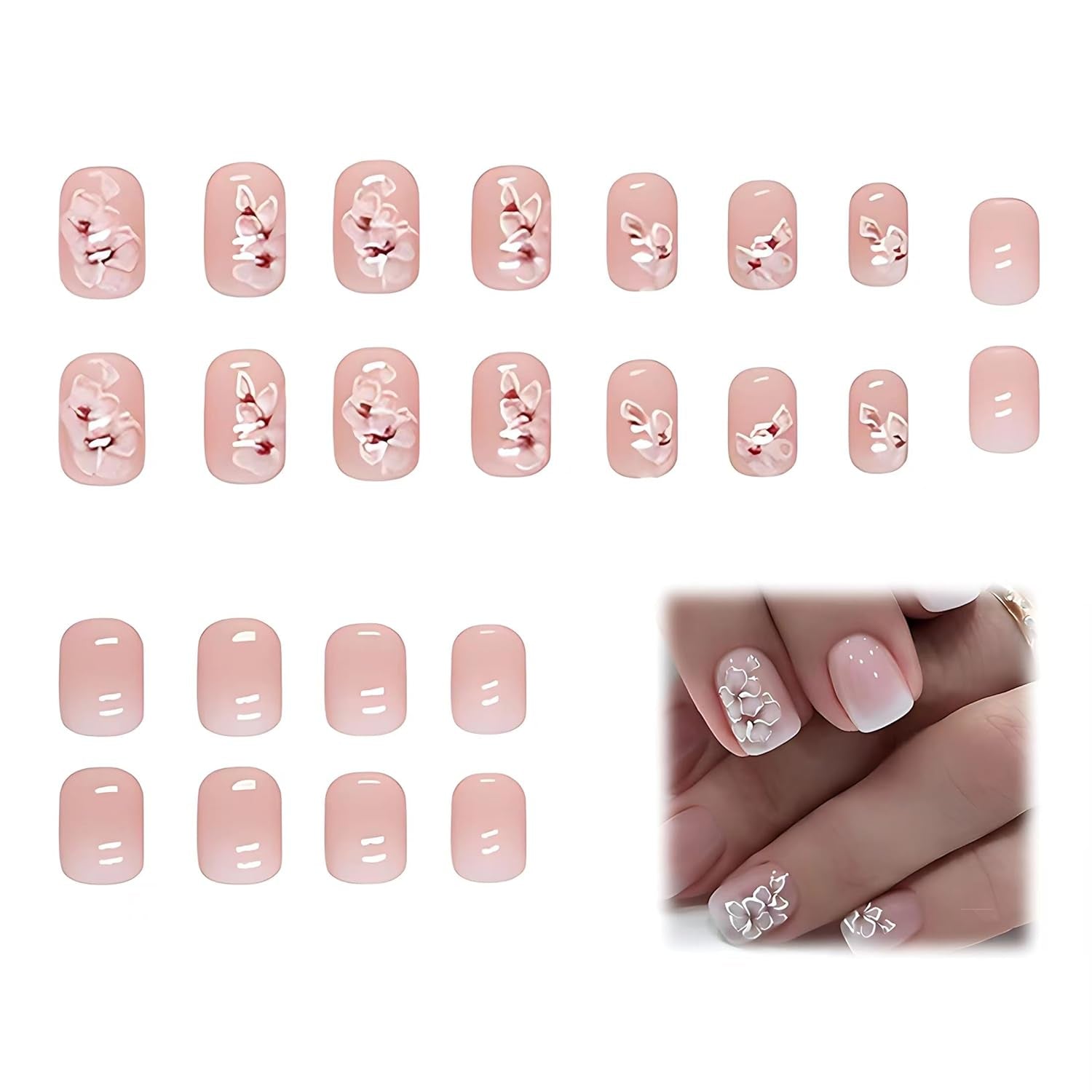 24 piezas de pegamento cuadrado blanco en uñas cortas, patrón floral degradado rosa, uñas artificiales, uñas postizas, uñas cuadradas francesas, uñas artificiales para mujeres