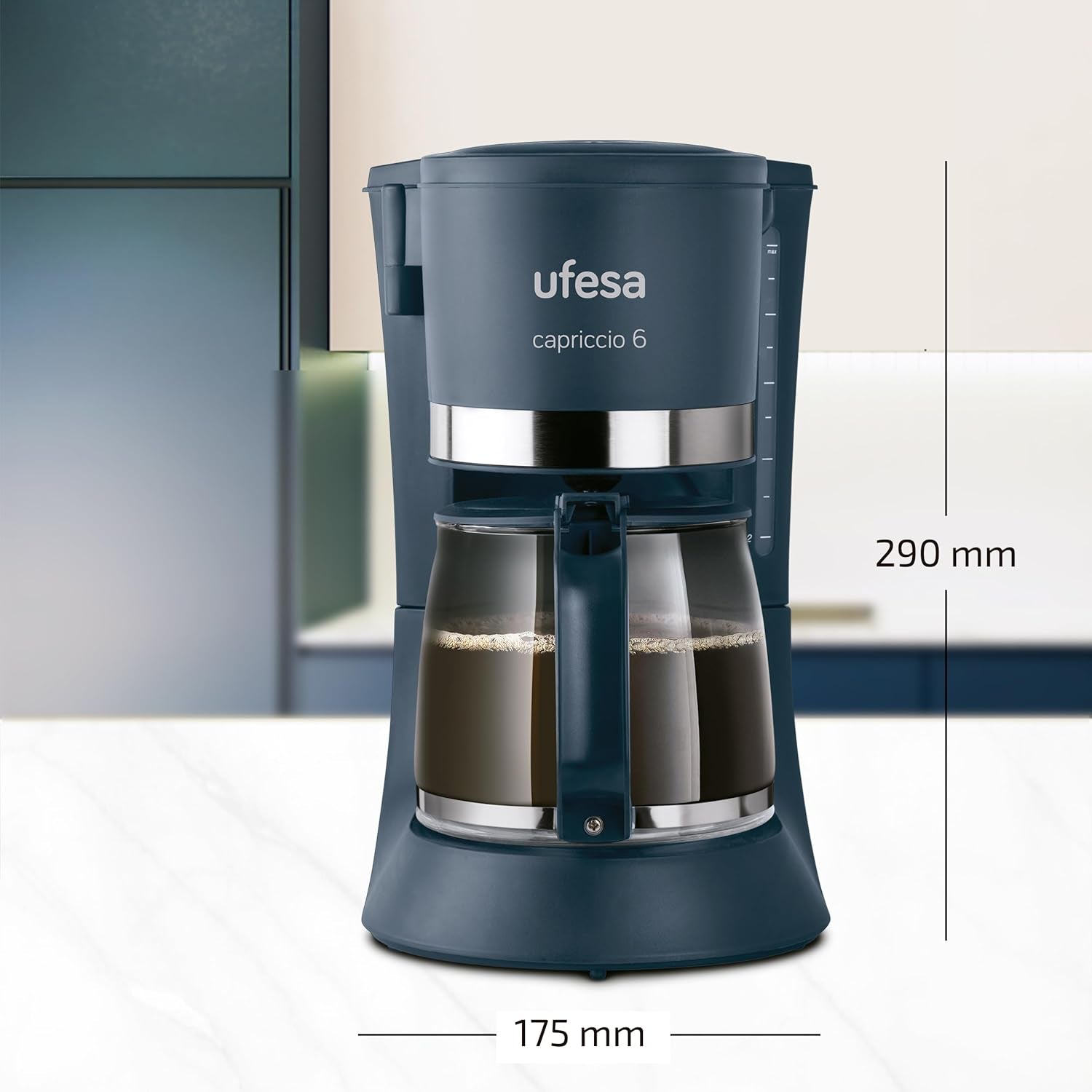 Ufesa CG7114 Cafetera de filtro Capriccio, 6 tazas, 600W, jarra 0,6L, sistema antigoteo, apagado automático, azul