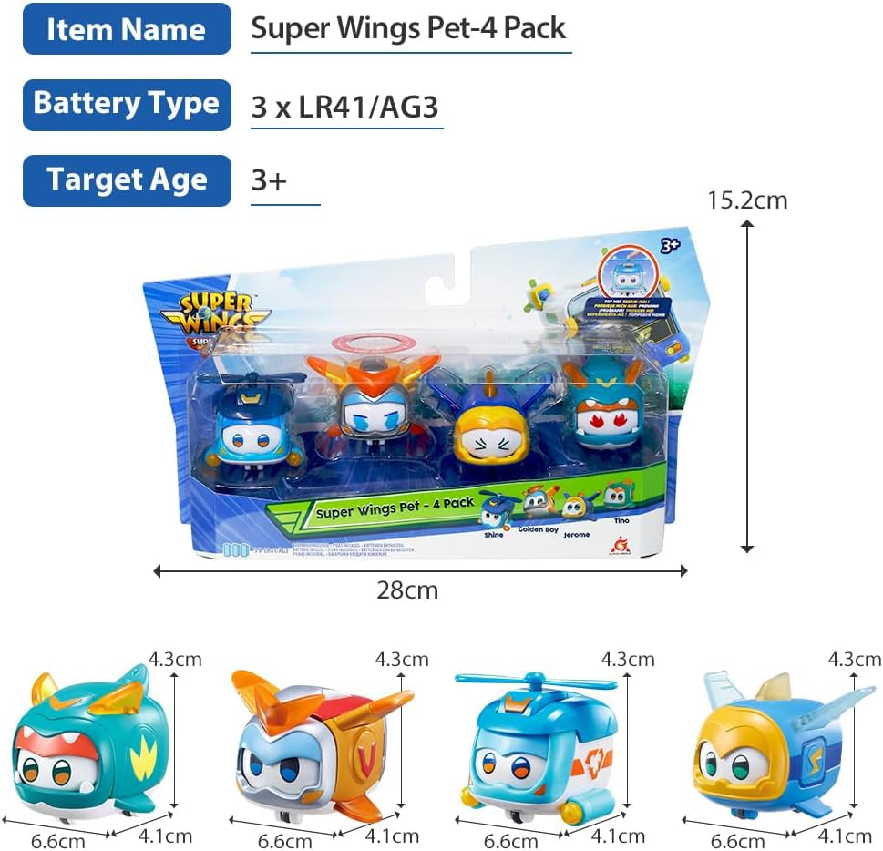 Super Wings Super Pets 4 PCS Shine, Golden Boy, Jerome, Ellie Expresión facial intercambiable Efecto relámpago Juguete portátil para niños de 3 4 5 6 7 8 años Figuras de acción de 2 pulgadas Naty Shop