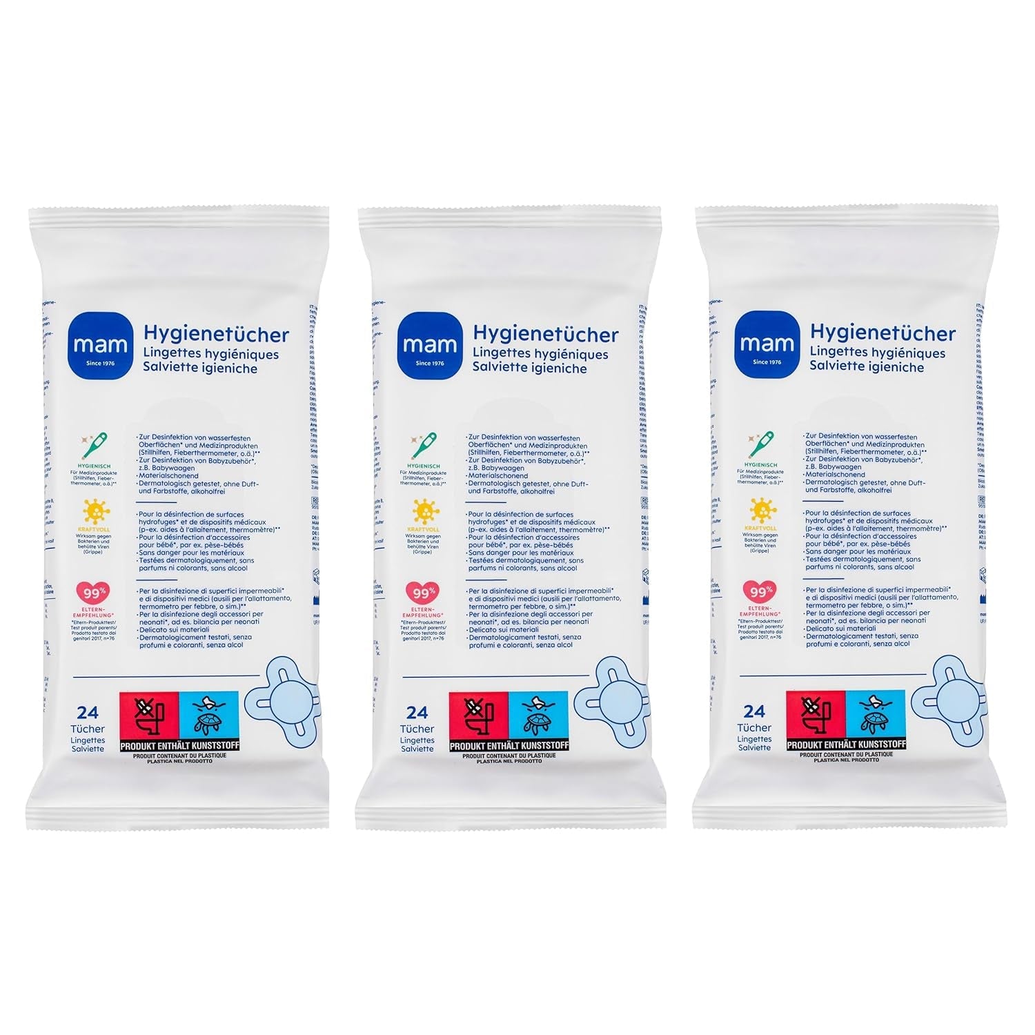 MAM Servilletas Sanitarias Paquete de 3 (3 x 24 Piezas), Toallitas de Limpieza para Dispositivos Médicos y Accesorios para Bebés, Servilletas Sanitarias Antibacterianas y Antivirus