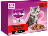 Whiskas Junior Classic Selection Comida húmeda para gatos en salsa, 48 sobres, 12 x 85 g (paquete de 4) - Comida húmeda de alta calidad para gatos en crecimiento, de 2 a 12 meses