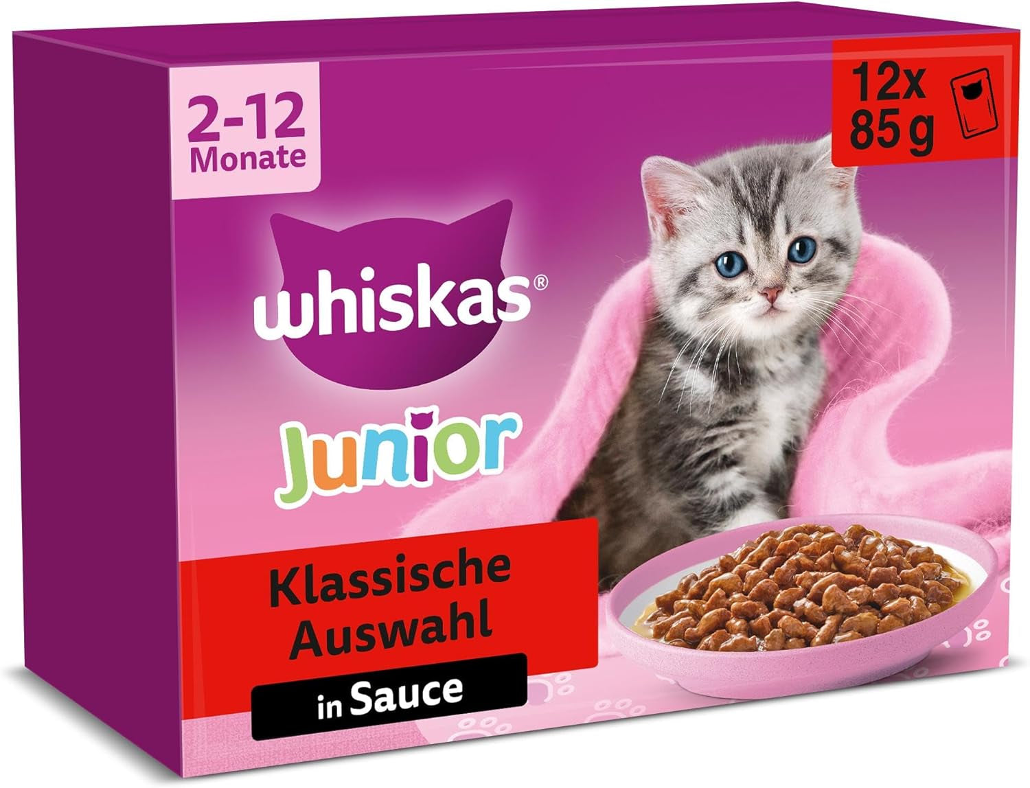 Whiskas Junior Classic Selection Comida húmeda para gatos en salsa, 48 sobres, 12 x 85 g (paquete de 4) - Comida húmeda de alta calidad para gatos en crecimiento, de 2 a 12 meses