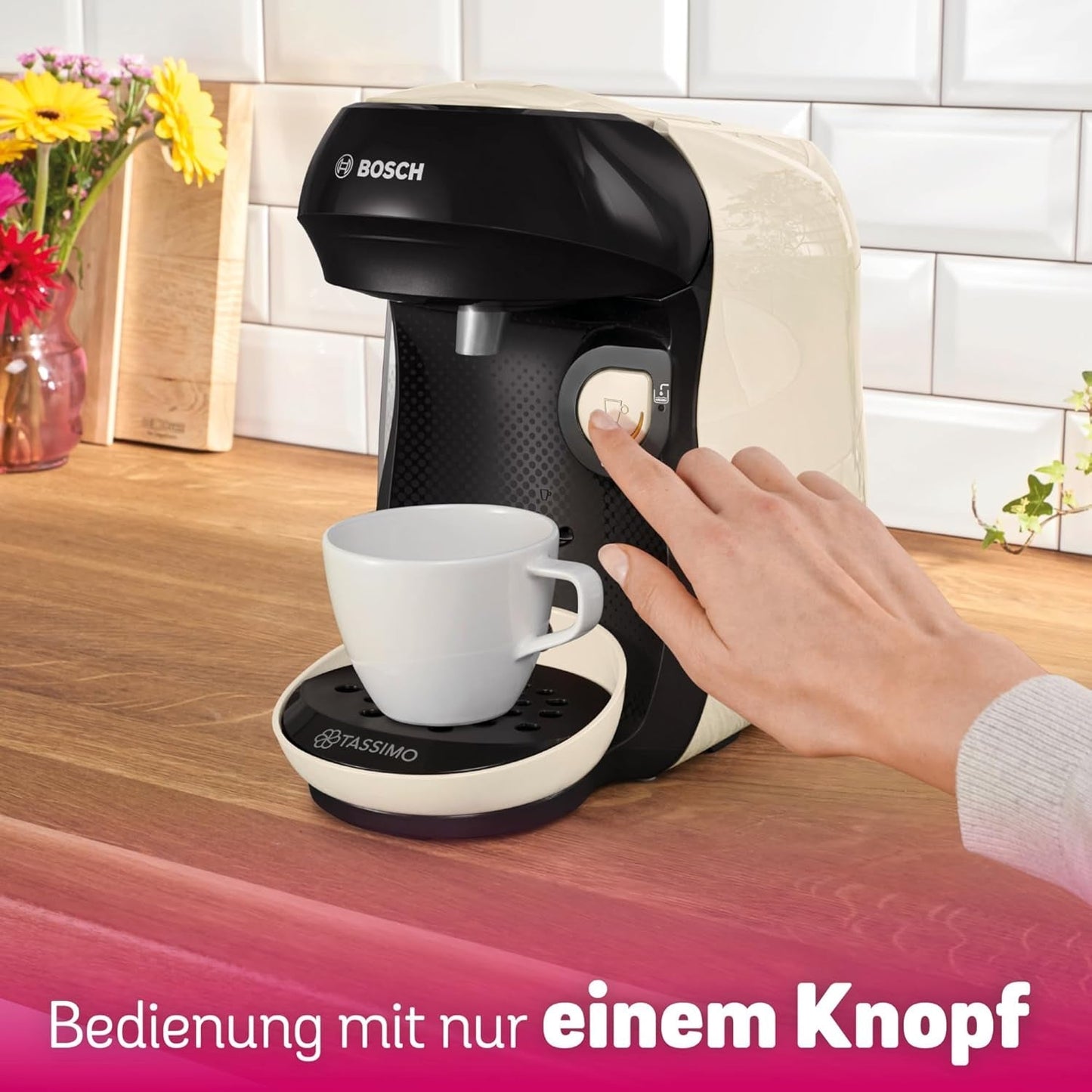 Bosch Tassimo Happy Friendly TAS107E Cafetera espresso de cápsulas, más de 70 bebidas, apta para todas las tazas, parada automática, sostenible, dosificación perfecta, ahorro de espacio, 1400 W, crema/negro