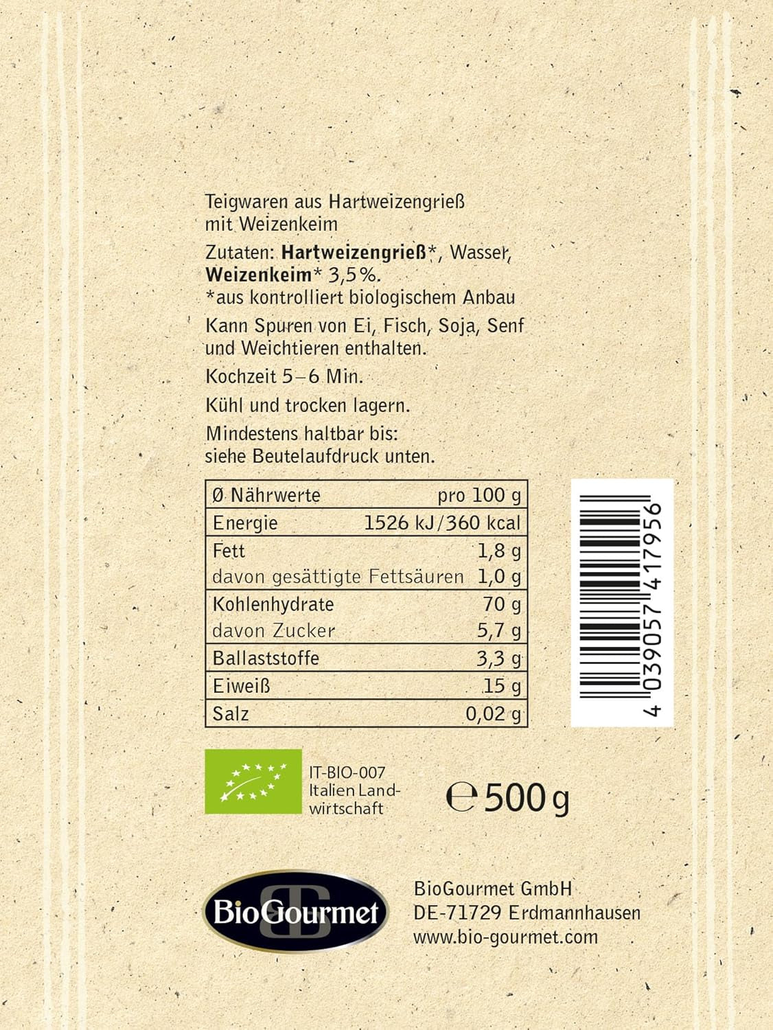BioGourmet Pappardelle con Germen de Trigo - Pasta Ancha Orgánica para Guisos y Salsas - con Extra Nutrientes | 500 g Orgánico y Vegano