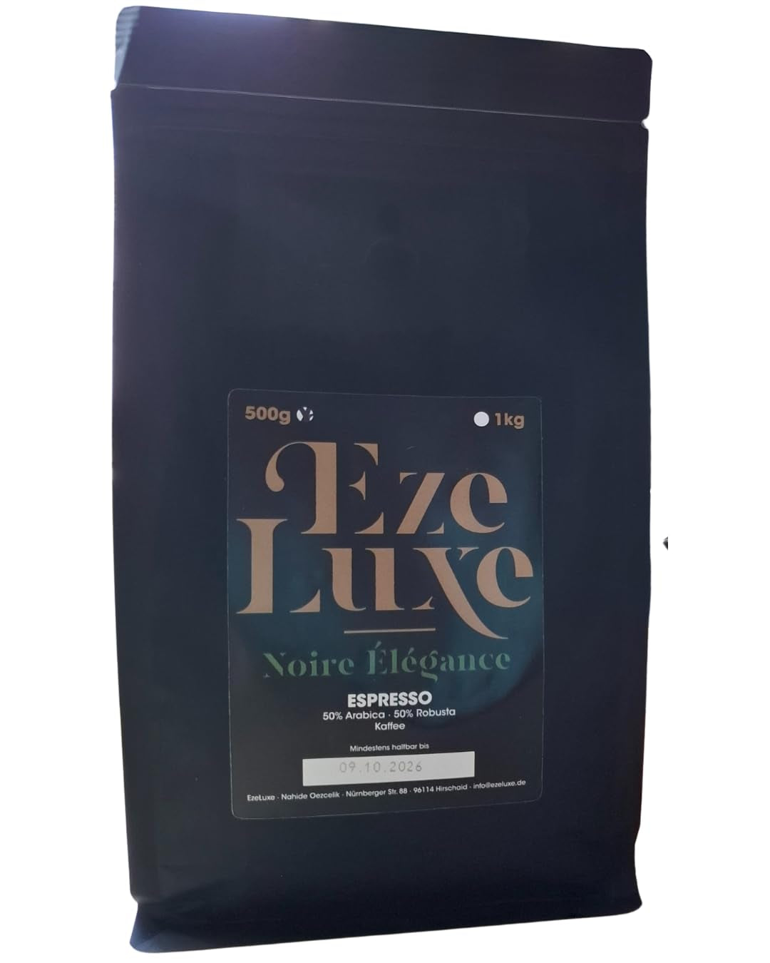 Café Espresso Noire Elegance 500 g – 50% Arábica y 50% Robusta de Brasil e India – tostado medio, fuerte y cremoso con chocolate negro – intensidad 8 – incl. máquina de café expreso gratis