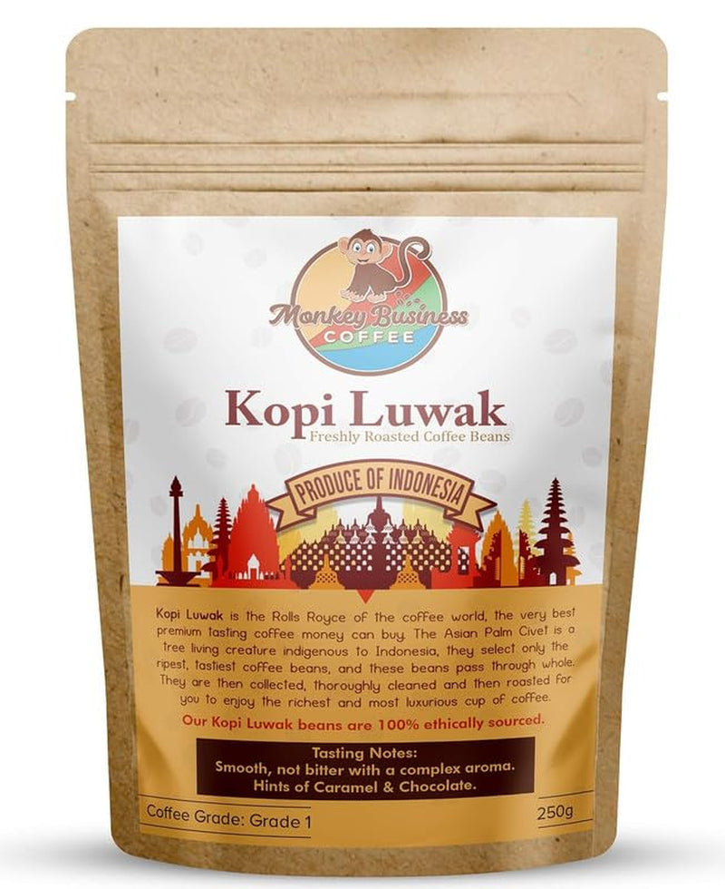- Granos de café molidos Kopi Luwak salvajes - 250 gramos (otros pesos y tipos de granos disponibles) - Procedente éticamente de animales criados en libertad (Indonesia)