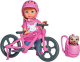 Simba 105733273 - Evi Love Fun Holiday Bike Doll con bicicleta, perro y mochila, Fashion Doll, 12 cm, para niños a partir de 3 años