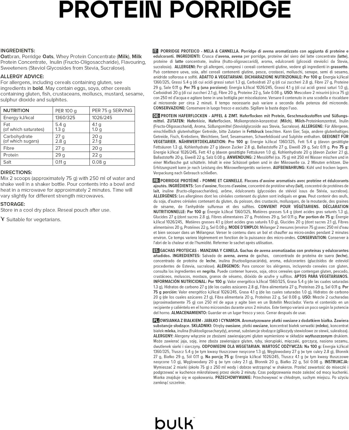 Avena Proteica Completa, Avena Alta en Proteínas, Suero, Rica en Fibra, Gachas Proteicas, Manzana y Canela, 2,5kg