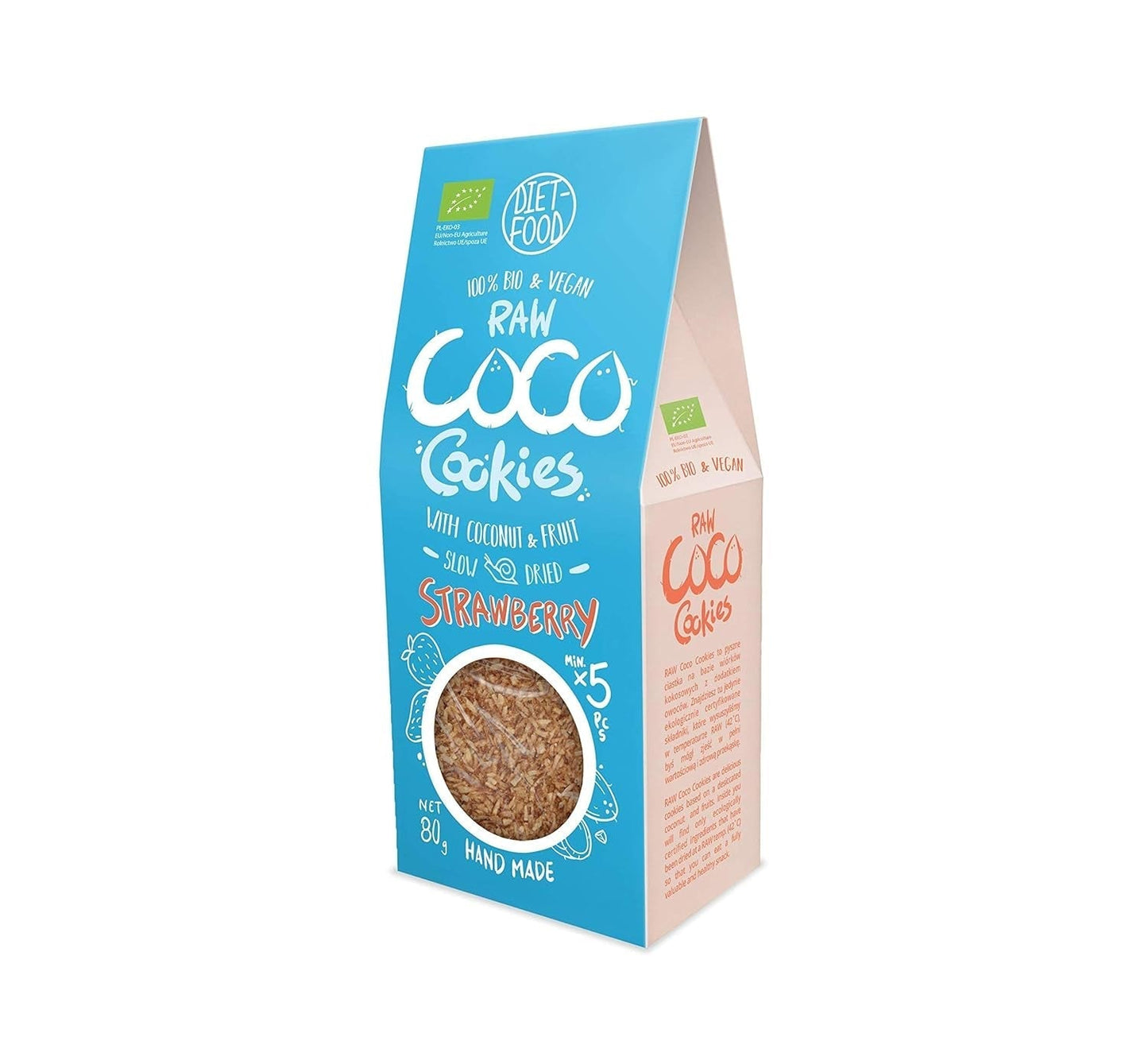 DIET-FOOD Galletas Ecológicas con Chips de Coco y Fresas Snack saludable Deliciosas galletas para la oficina, sin conservantes 80 g (1 paquete)